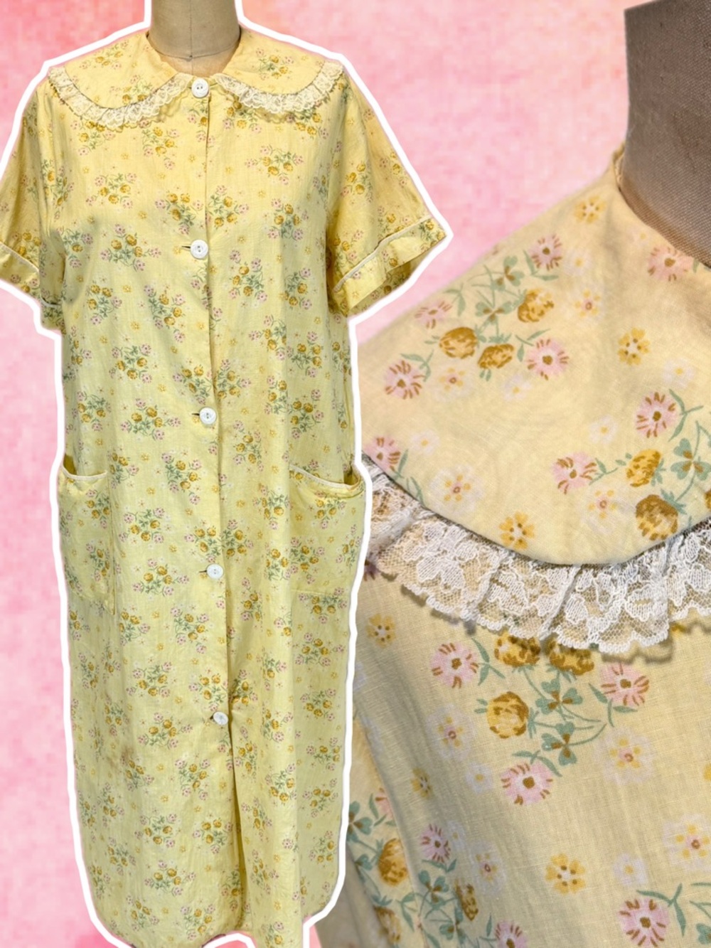 VINTAGE cottage lace rounded collar house dress flower bouquet sunny yellow‎